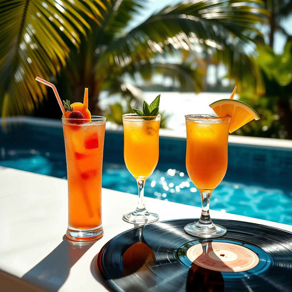 Cocktails by the pool with vinyl records