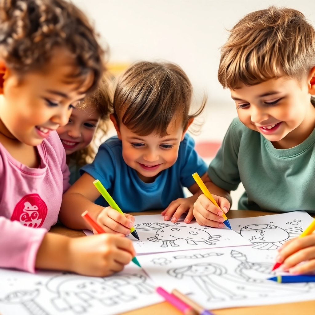 Create a 4K resolution image of multiple children (ages 4-7) sitting together and coloring in a wide variety of line art coloring pages. Focus on the bright colors, playful expressions, and joy of creative collaboration.  The lighting should be bright and natural, with warm tones.  The background should be soft and slightly out of focus, drawing the viewer's eye to the happy children.