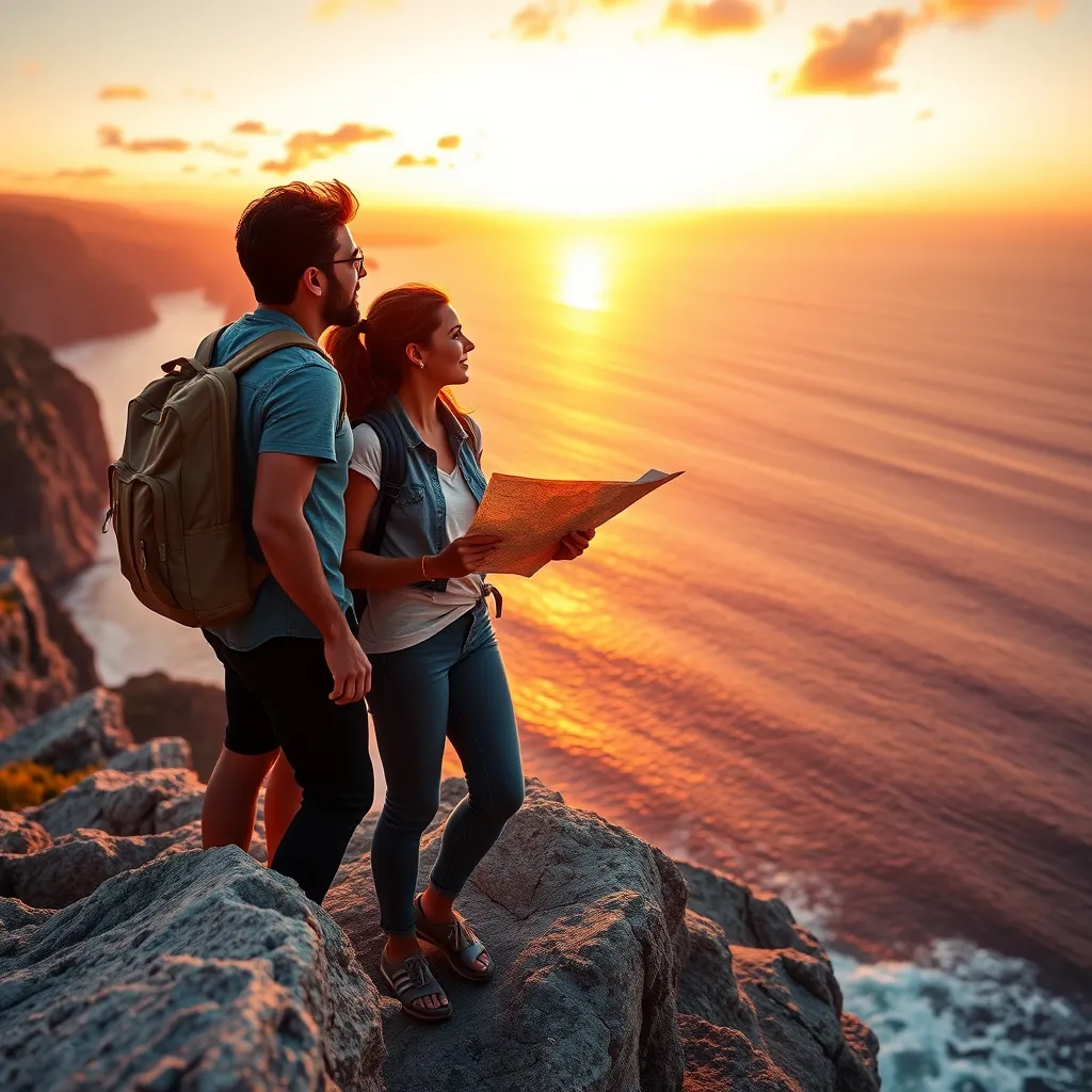 Create a photorealistic, ultra-high quality image for a personal loan travel landing page. The image should depict a group of three diverse friends, aged 25-35, standing on a cliff overlooking a breathtaking ocean sunset. The woman in the center should be holding a map in her hand, while the other two friends look out at the ocean with excited expressions. The scene should be vibrant and colorful, with warm hues of orange and purple reflecting on the water. The lighting should be soft and natural, with golden sunlight casting a warm glow on the figures. The camera angle should be slightly low, emphasizing the expansive view and sense of adventure. The texture of the rocks and the ocean waves should be highly detailed and realistic, giving a sense of depth and scale. The composition should focus on the friends and the sunset, with the ocean serving as a backdrop.  The image should convey a sense of freedom, excitement, and possibility, while subtly referencing the convenience and accessibility of obtaining a personal loan. The overall aesthetic should be modern, aspirational, and visually striking. The image should be 8K resolution, hyperrealistic, and rendered with cinematic quality., ultra high resolution, photorealistic, 8K, hyperdetailed, cinematic lighting