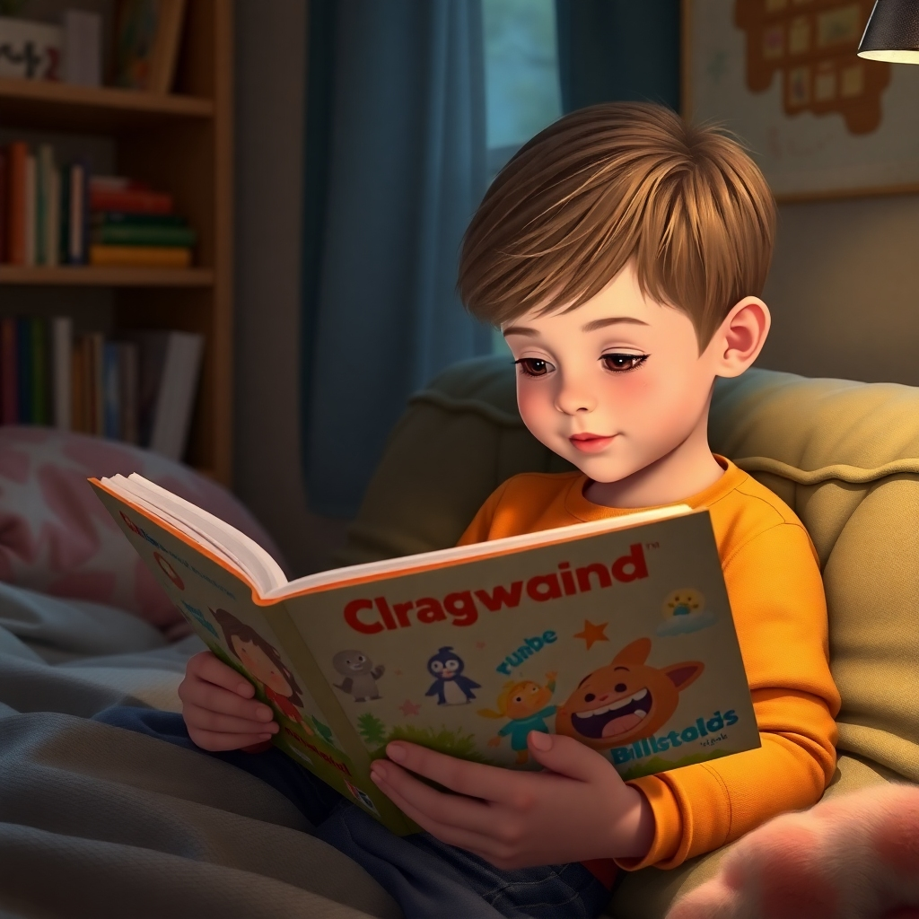  Create a photorealistic image of a child engrossed in reading one of Craig Bosward's books. The scene should depict a cozy and inviting atmosphere, perhaps a child's bedroom or a comfortable reading nook. The image should focus on the child's engaged expression and the vibrant colors of the book's illustrations. Include details like soft lighting and comfortable furniture.