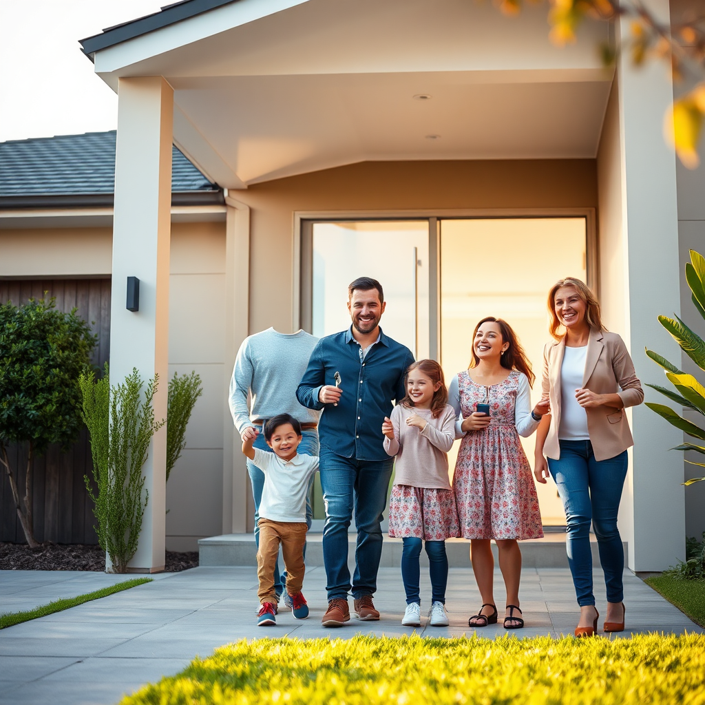 Create a photorealistic image of a family receiving the keys to their new home, radiating joy and excitement. The house should be a modern, suburban Australian home.