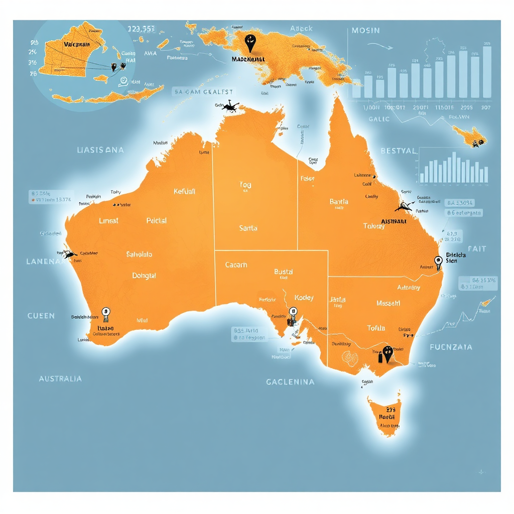 Create a photorealistic image of a map of Australia with key landmarks highlighted, overlaid with financial charts and graphs. This should visually represent a thorough understanding of the Australian market.