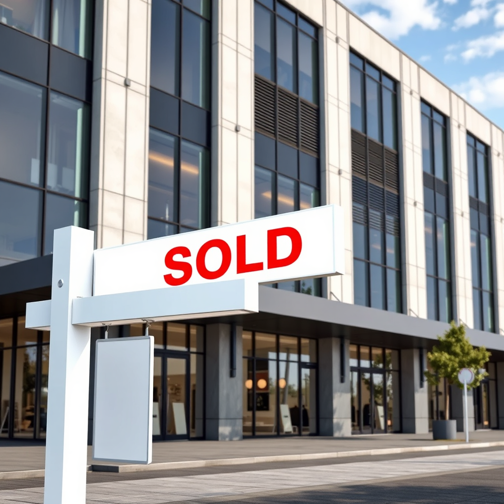 Create a photorealistic image of a modern commercial building with a 'Sold' sign in front. Focus should be on the building and its architectural details, implying success and growth.