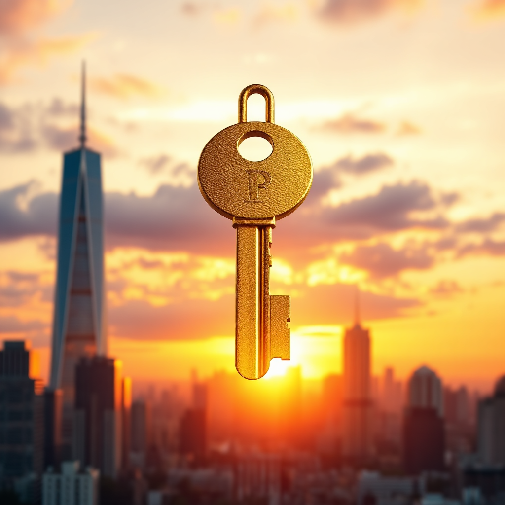 Create a photorealistic image of a cityscape at sunset, with a golden key floating above it, symbolizing unlocking opportunities and building a secure financial future. The color palette should be warm and aspirational.