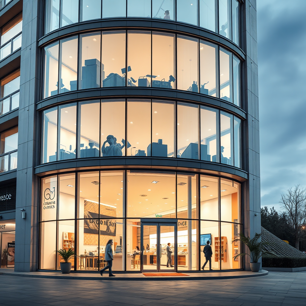 Create a photorealistic image of a modern commercial building with a thriving business operating inside. The building should represent success and growth.