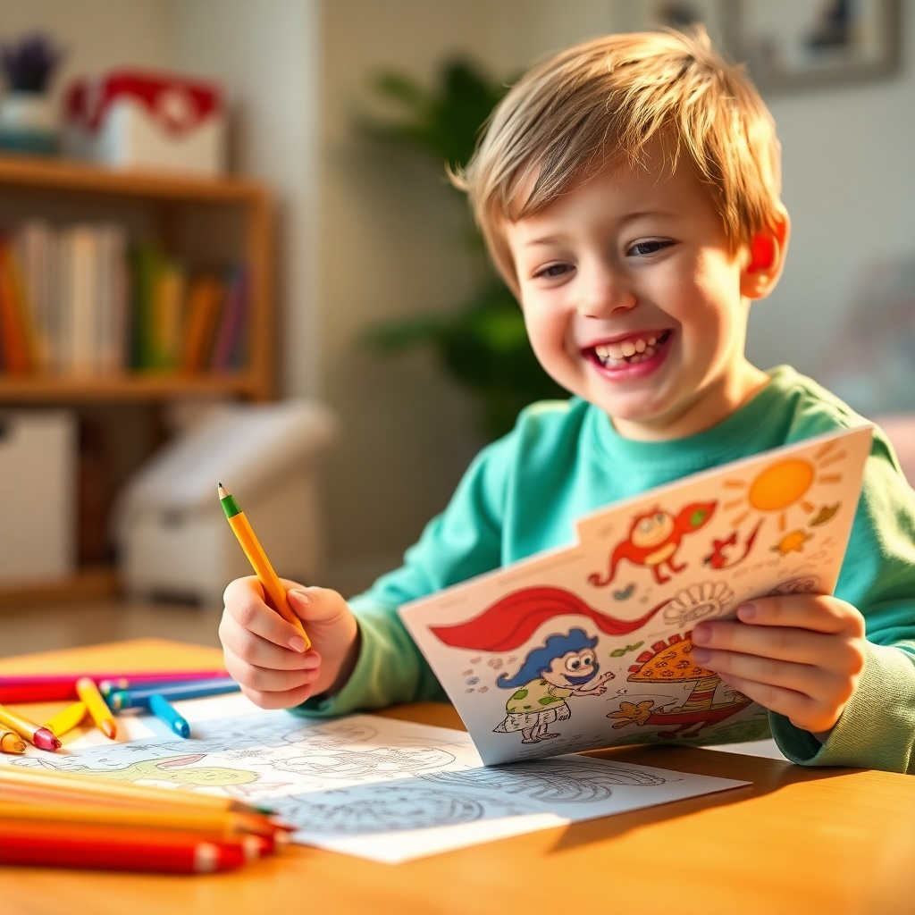  Create a photorealistic image of a child happily coloring a page from one of Craig Bosward's coloring books. Focus on the child's joyful expression and the vibrant colors of the illustrations. Include details like colored pencils, crayons, or markers. The background should be soft and blurred to focus attention on the child's activity. Use warm and bright lighting to enhance the cheerful mood.