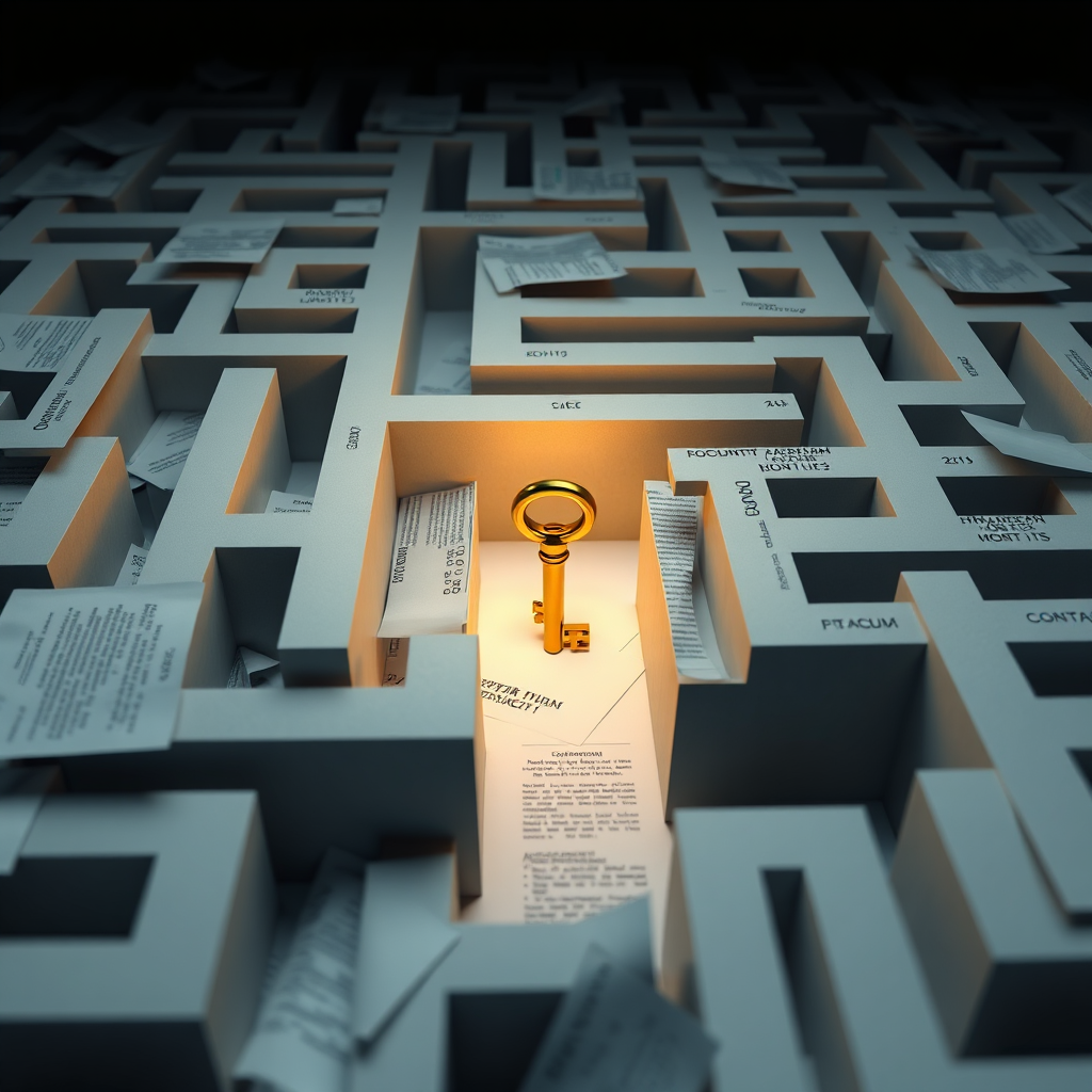 Create a photorealistic image of a maze constructed from financial documents (loan applications, contracts, etc.), with a clear path illuminated leading towards a golden key representing Mortgage Key. The color palette should be muted and professional, with a bright highlight on the key. Camera angle: high angle view to emphasize the complexity of the maze.