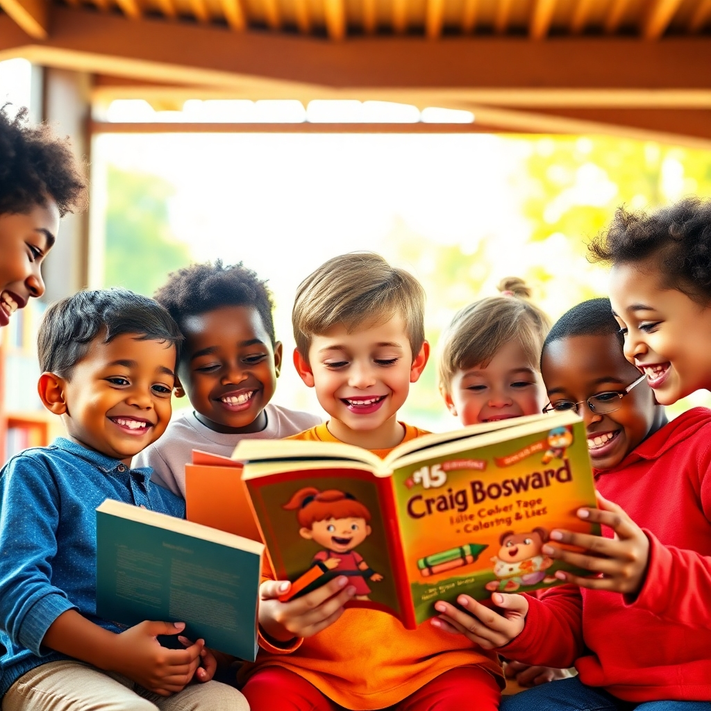 Create a photorealistic or stylized 4K image representing Craig Bosward Books. The image should feature a diverse group of happy children, engrossed in either reading a book from the Craig Bosward collection or excitedly coloring a page. The setting could be a vibrant library or a sunny park. The lighting should be bright and cheerful, with a warm, welcoming atmosphere. The color palette should be rich and vibrant, reflecting the fun and energy of the books and coloring pages.  The camera angle should be eye-level, allowing the viewer to connect with the children.  The texture of the books and coloring pages should be visible.  The style should be warm, inviting, and realistic, capturing the genuine happiness and engagement of the children.  Include relevant props such as books, crayons, and coloring pencils. The image should evoke a sense of joy, creativity, and the love of reading.