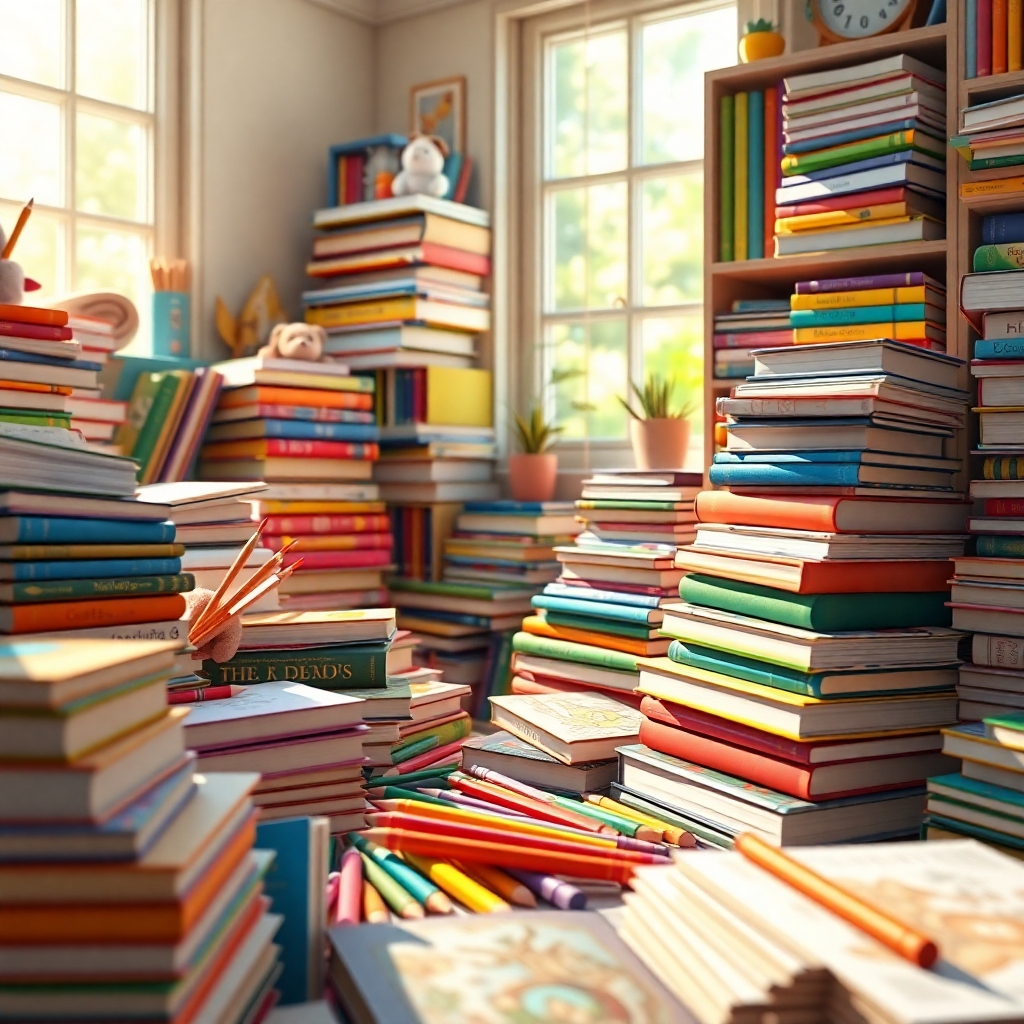 Create a photorealistic, ultra-high-quality 8K resolution image for Craig Bosward Books.  The image should depict a whimsical scene overflowing with colorful children's books and vibrant coloring pages.  Imagine a sun-drenched room, possibly a child's bedroom or a cozy reading nook, filled with stacks of books in various shapes and sizes.  Include elements like crayons, colored pencils, paintbrushes, and maybe a child's hand gently holding a favorite book. The lighting should be soft and natural, with warm, inviting tones. The color palette should be bright and cheerful, reflecting the joy and creativity associated with children's literature.  The camera angle should be slightly elevated, offering a playful perspective. Focus on textures – the soft pages of the books, the smooth surface of crayons, the slightly rough texture of the paper. Include small details that add to the charm, such as a stuffed animal peeking out from a stack of books. Style references could include the works of Beatrix Potter or classic children's book illustrations. The overall style should be hyperrealistic, with meticulous attention to detail, making the scene feel tangible and inviting. The environment should feel magical and playful; perhaps a hint of fantasy elements could be subtly incorporated.