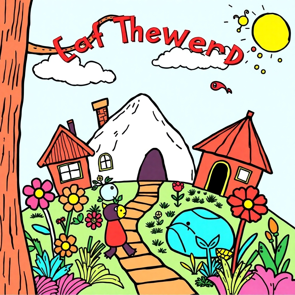  Create a stylized image combining elements of children's book illustration and vibrant coloring pages. The image should represent the seamless blend of storytelling and creative expression found in Craig Bosward's books. Use bright, bold colors and playful imagery to appeal to young readers.