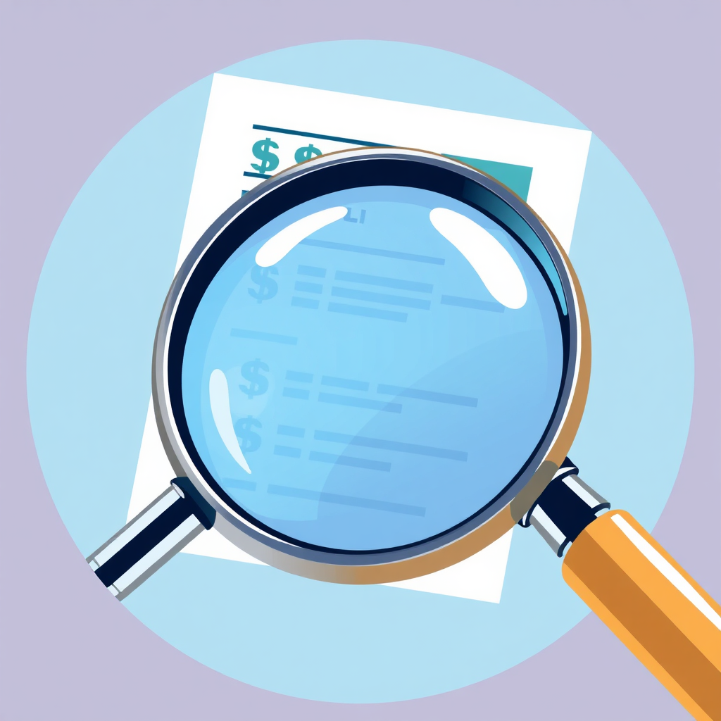 Create a stylized image of a magnifying glass examining a financial document, symbolizing scrutiny and transparency. The color palette should be clean and professional.