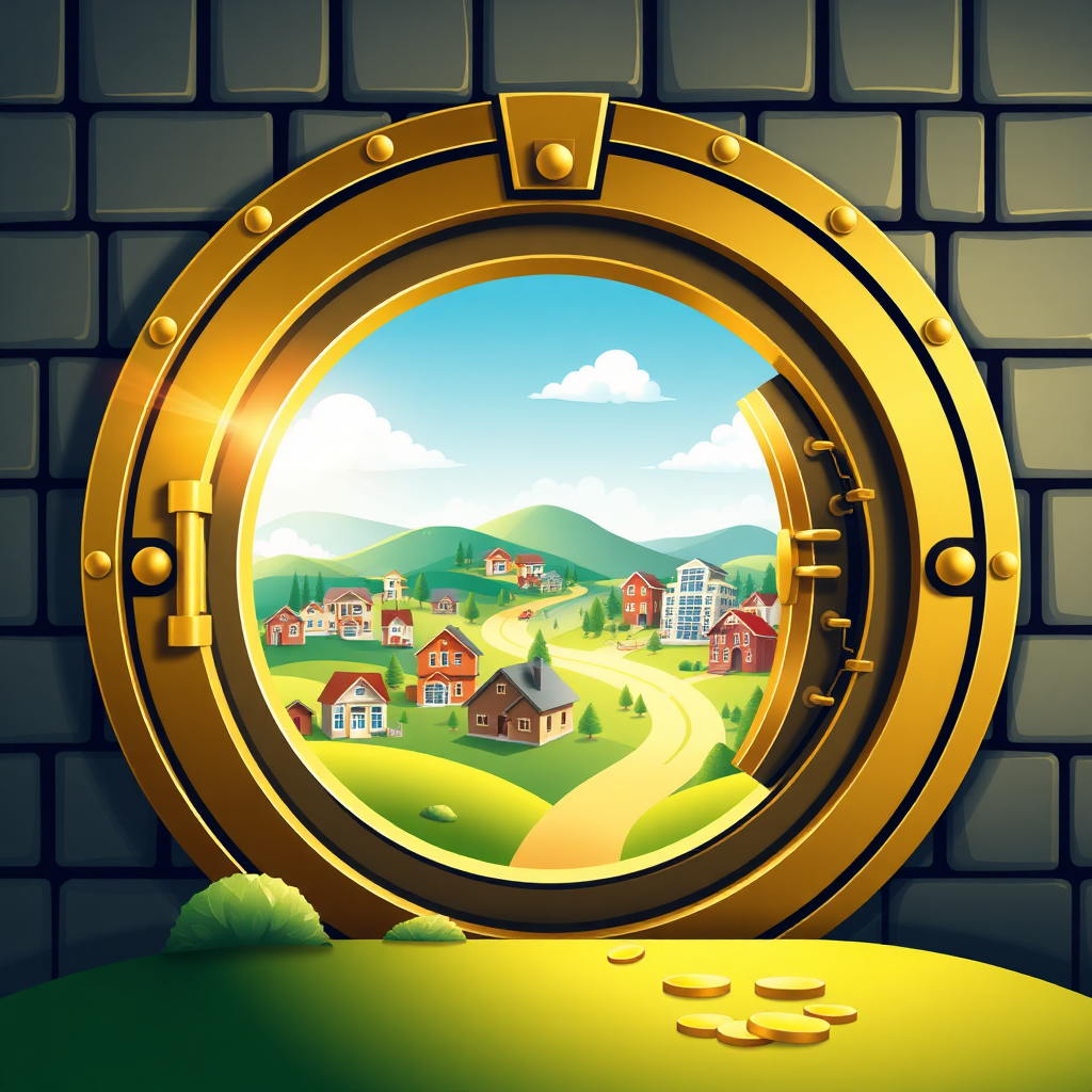 Create a stylized image of a vault door opening, revealing a bright and prosperous landscape filled with houses and commercial buildings. The color palette should be gold, green, and blue, representing wealth, growth, and stability. The style should be aspirational and visually appealing.