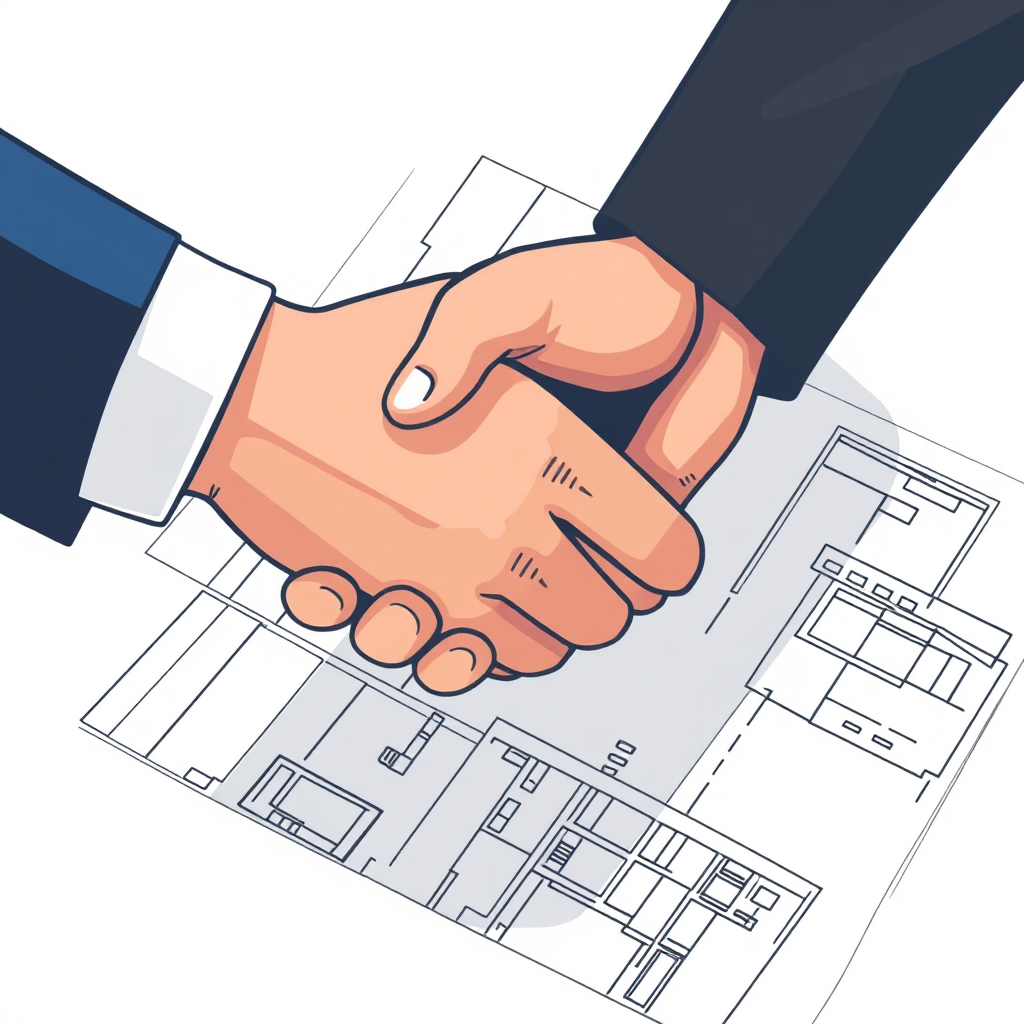 Create a stylized image of two hands shaking over a blueprint, symbolizing trust and collaboration. The color palette should be professional and reassuring.
