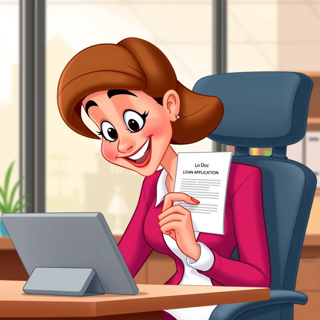 A cheerful businesswoman using a tablet computer and checking a document marked 'Lo Doc Loan Application' while sitting in a modern office. The scene should emphasize ease and efficiency.