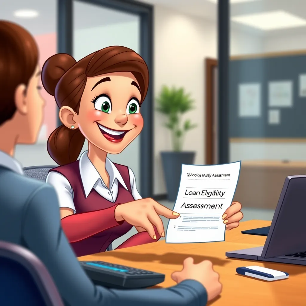 A friendly business professional smiling and handing a customer a document labelled 'Loan Eligibility Assessment' while sitting at a desk with a laptop and a calculator in a modern office setting.