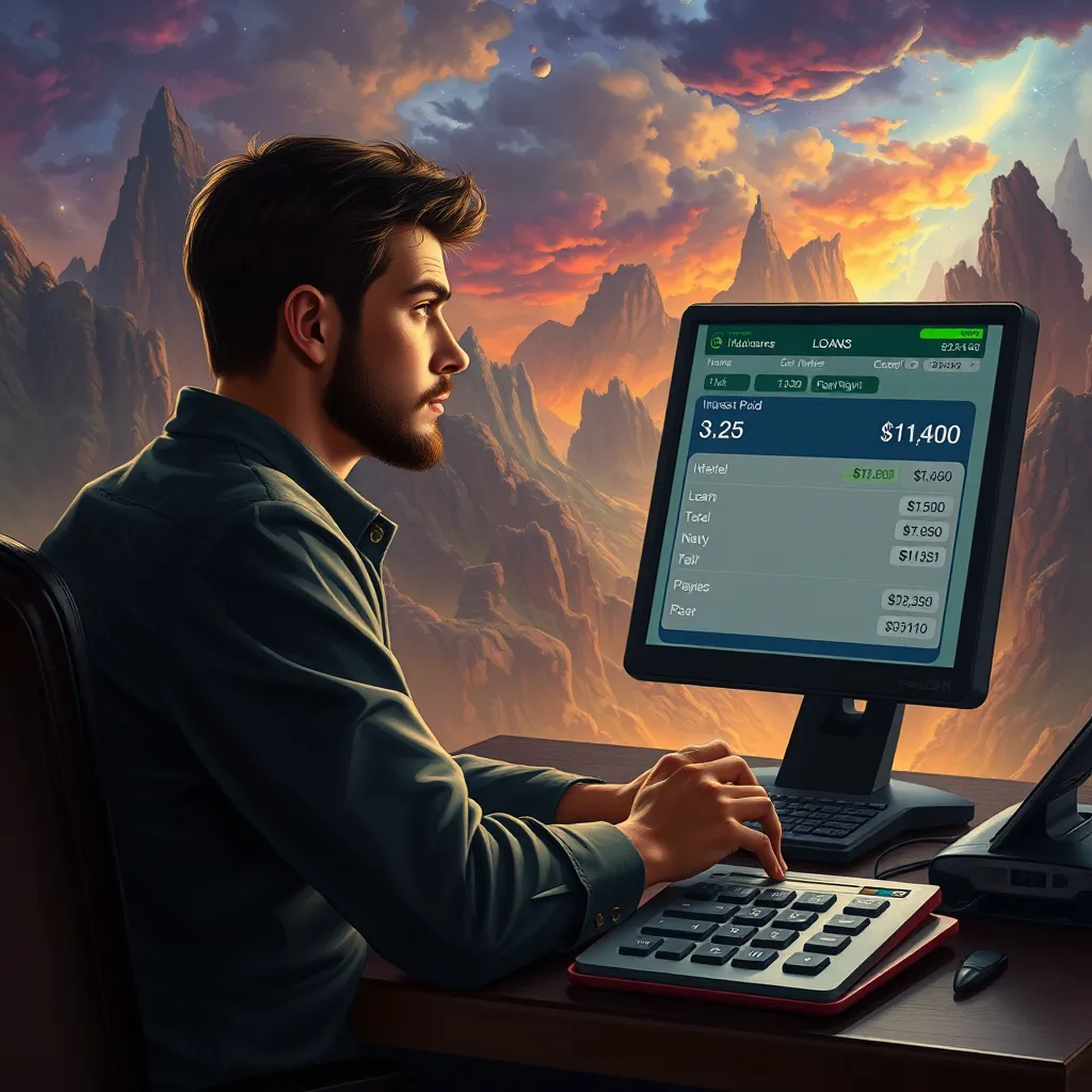 A person sitting at a desk, looking thoughtfully at a finance calculator display. The screen shows a detailed loan breakdown, including total interest paid and repayment schedule. The image should portray a sense of confidence and empowerment, emphasizing the importance of financial planning.