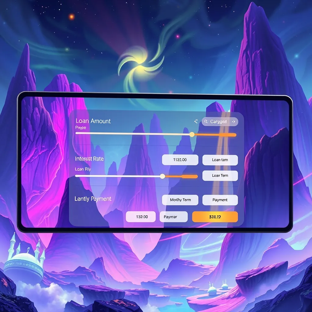 A modern, sleek interface showcasing a finance calculator. The screen displays multiple tabs labeled "Loan Amount", "Interest Rate", "Loan Term", and "Monthly Payment". The interface should be clean and user-friendly, with interactive sliders and buttons for adjusting loan parameters.