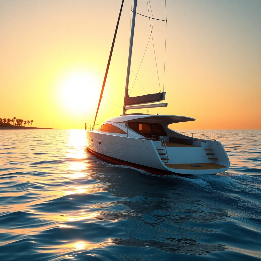 Generate a photorealistic, ultra-high definition (8K resolution) image of a luxurious trailer sailer sailboat gracefully gliding on calm, turquoise waters at sunset.  The sun should be low on the horizon, casting a warm golden light on the boat and the water, creating a long, shimmering reflection. The color palette should be vibrant yet serene, with deep blues and turquoise in the water, contrasted by the warm golden hues of the sunset and the white of the sailboat. The sailboat should be a modern, sleek design with polished teak decking and gleaming white hull. The camera angle should be slightly elevated, showcasing the full boat and its surroundings.  The scene should feel peaceful and aspirational. Include subtle details like the gentle rocking of the boat on the waves, the texture of the water, and the realistic reflection of the sunset. The boat should be partially in shadow to emphasize the gleam of the polished surfaces. The background should include a minimalist shoreline with some gently swaying palm trees, enhancing the tropical feeling.  The overall style should emulate high-end nautical photography, referencing the works of renowned yacht photographers. The image should have a hyperrealistic rendering style with detailed textures and accurate lighting effects. The image should convey a sense of luxury, freedom, and the fulfillment of a dream.  Include a subtle, almost invisible Find That Finance logo discreetly placed on the stern of the boat. , ultra high resolution, photorealistic, 8K, hyperdetailed, cinematic lighting
