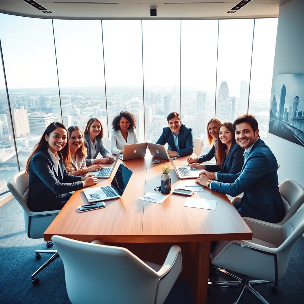 Generate a photorealistic, ultra-high-quality image of a modern, sleek office space with a panoramic city view. The image should capture the essence of a successful, forward-thinking business. The lighting should be bright and natural, showcasing a vibrant, energetic atmosphere. The color palette should be bold and professional, featuring shades of blue, gray, and white. The composition should focus on a group of diverse, confident business professionals collaborating around a large table, with laptops, tablets, and documents spread out. The camera angle should be slightly elevated, showcasing the spaciousness and modernity of the office. The table should be made of polished wood, and the chairs should be modern and comfortable. The walls should be adorned with minimalist artwork showcasing the Australian landscape. Include subtle design elements that hint at the financial and commercial nature of the business, such as graphs, charts, or financial reports in the background. The image should convey a sense of innovation, growth, and trust, reflecting the values of National Finance Brokers. Aim for an 8K resolution, hyperrealistic style, with a focus on detail and sharp edges. Reference the photography style of renowned commercial photographers like Peter Lindbergh or Annie Leibovitz., ultra high resolution, photorealistic, 8K, hyperdetailed, cinematic lighting