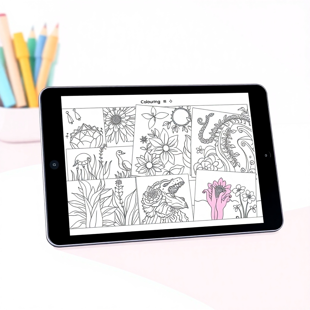 Illustrate a 4K resolution image of a tablet or computer screen displaying a collection of vibrant line art coloring pages. The design should be clean and easy to navigate. The colors should be bright, clear, and easy to distinguish. The lighting should be bright but not harsh, with a focus on clear visibility. The image should clearly show the ease and user-friendliness of downloading and accessing the free coloring pages.
