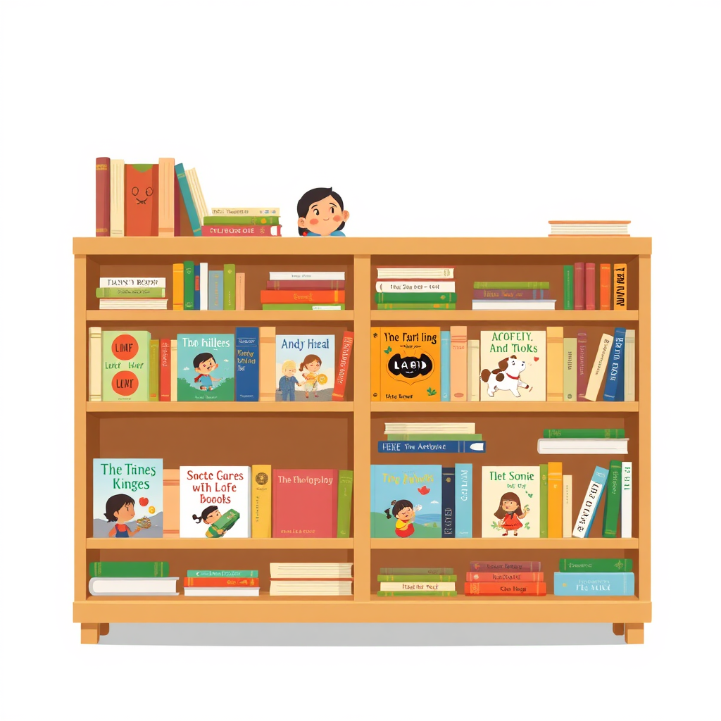 Illustrate a bookshelf filled with children's books targeted at different age groups. Each section of the bookshelf should be styled differently, reflecting the content and aesthetic of the books. Include characters and objects related to the stories. Technical specs: 4K resolution, detailed and organized.