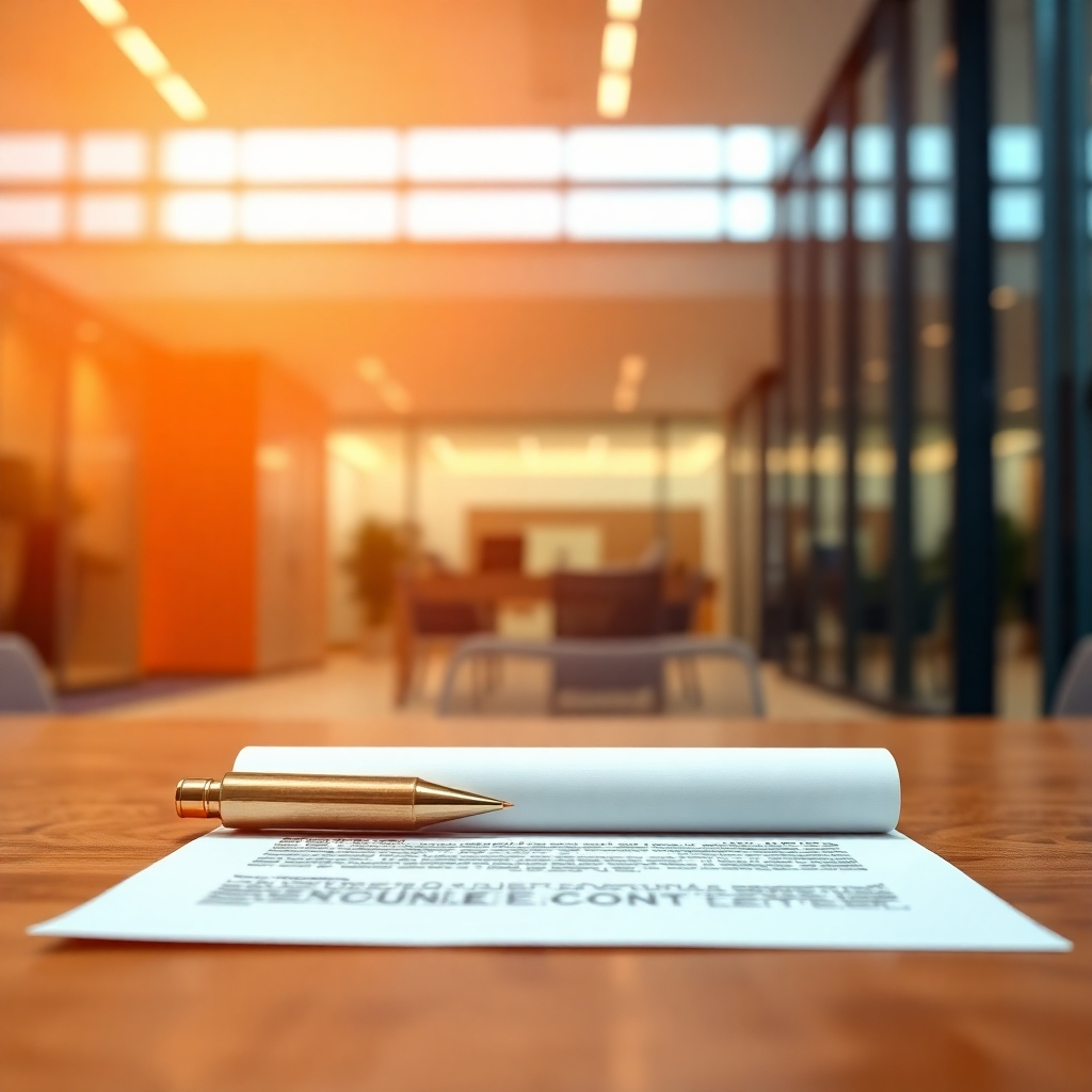 Image of a contract signed on the dotted line, symbolizing completion and partnership, with a backdrop of a modern business office. High resolution. Warm, positive color tones.