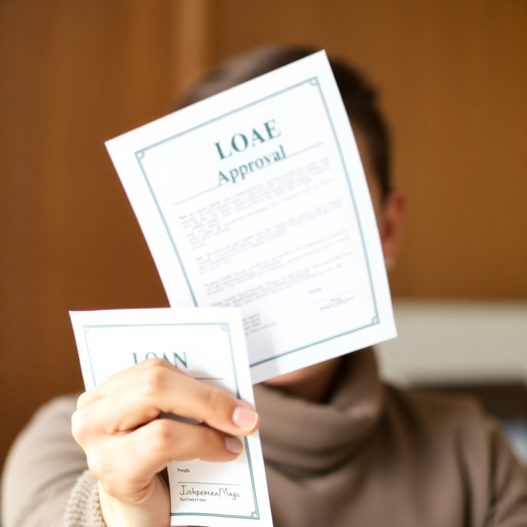 Image of a person smiling with a loan approval document in hand, symbolizing success and positive outcome. High resolution. Warm, positive colors.