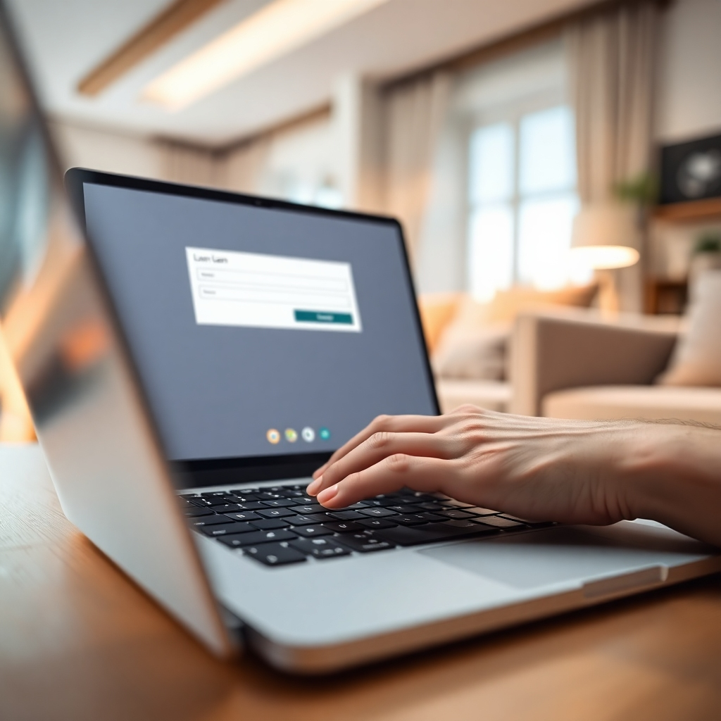 Photorealistic image, ultra-detailed, 8K resolution, shot with shallow depth of field, focusing on a person's hands confidently typing on a laptop keyboard. Soft, diffused lighting. The laptop displays a clean, user-friendly online loan application form.  The background is subtly blurred showing a modern, bright living room with natural light streaming in, suggesting ease and convenience.  Color palette: calming pastels and soft, warm tones. The mood is relaxed and reassuring. Textures include smooth metal of the laptop, soft fabric of the sofa in the background, and the fine detail of the keyboard. The camera angle is a close-up, slightly elevated.  The image style should evoke simplicity and efficiency. The style should resemble images from high-end technology advertising campaigns, emphasizing ease of use.