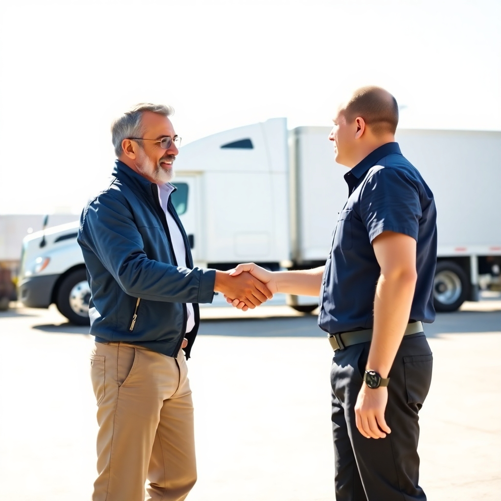 Photorealistic image of a business owner shaking hands with a loan officer, with a truck in the background. Bright, well-lit scene. High resolution.