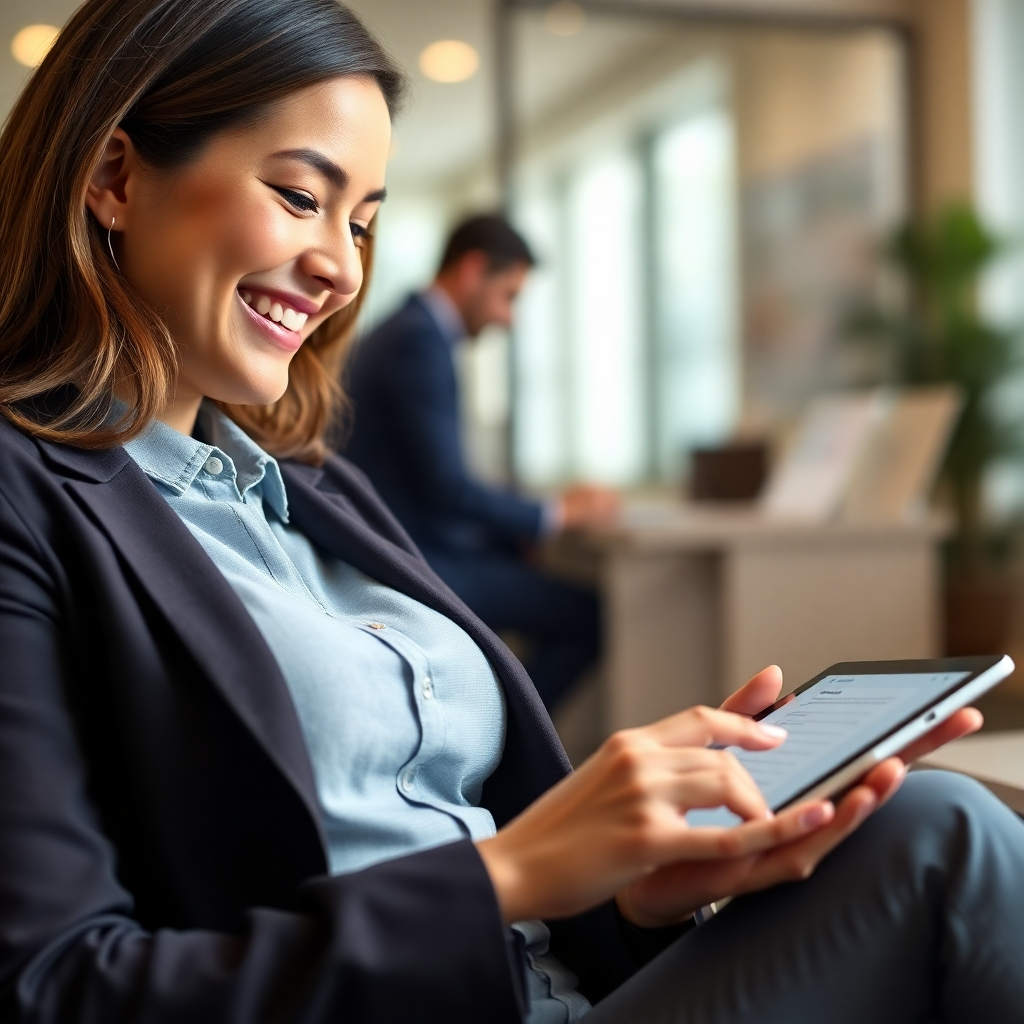 Photorealistic image of a person smiling while completing an online loan application on their tablet, with a modern, clean interface. The background should be slightly blurred office environment. High-quality lighting with warm tones and a professional feel. High resolution.