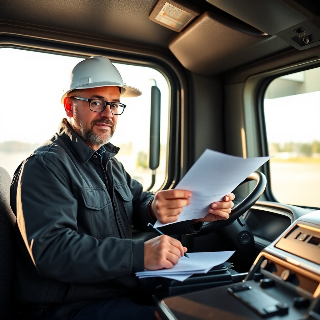 Photorealistic image of a truck driver signing documents, with a few papers, representing minimal paperwork, to symbolize efficiency. High resolution. Clear, well-lit environment.
