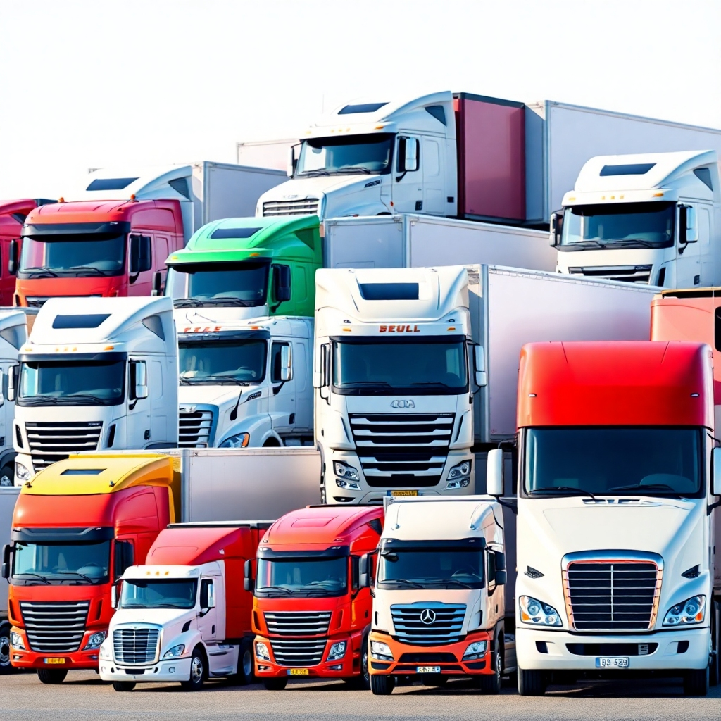 Photorealistic image of a variety of trucks, representing the diversity of our loan options. High resolution. Focus on quality and variety.