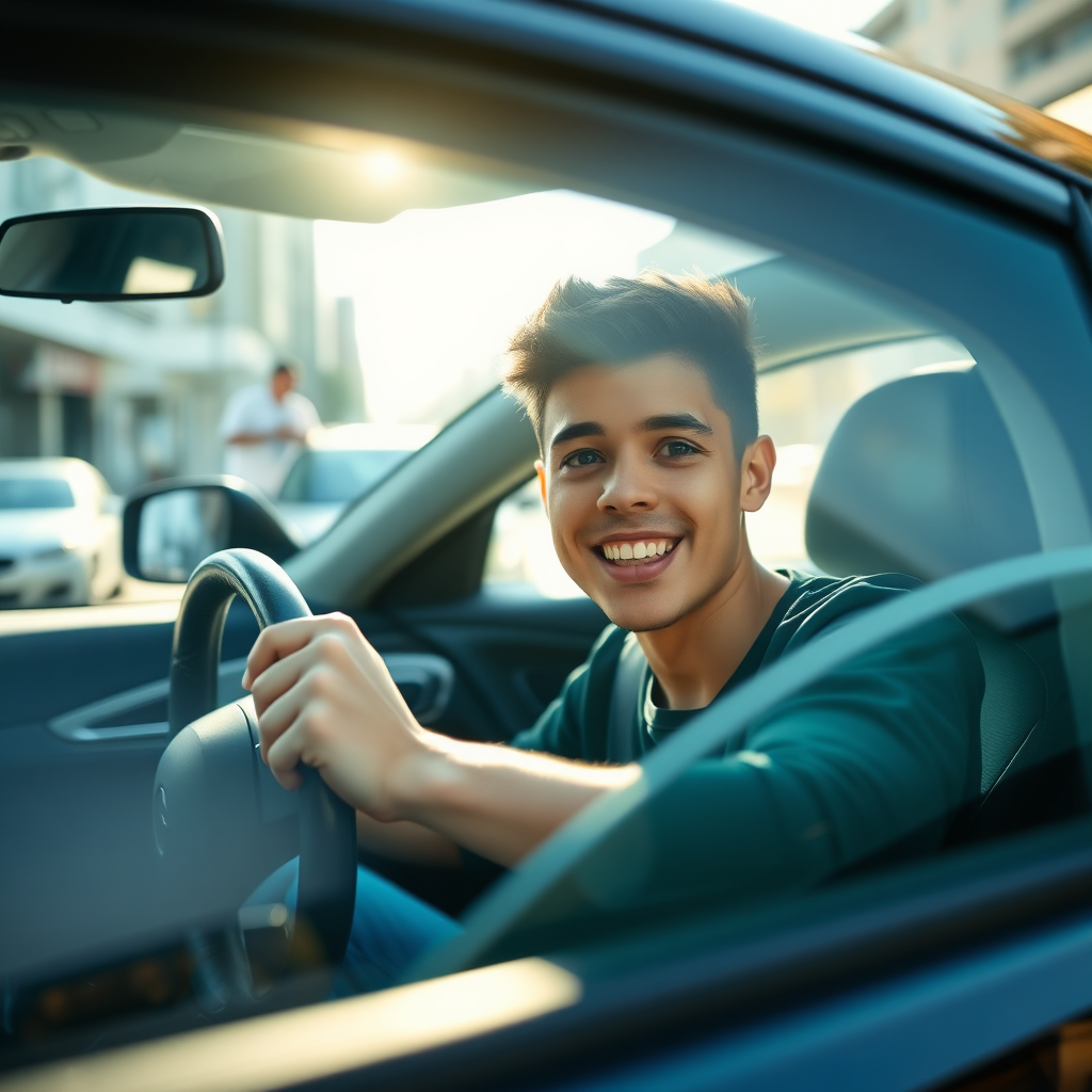 Happy young driver in their first car
