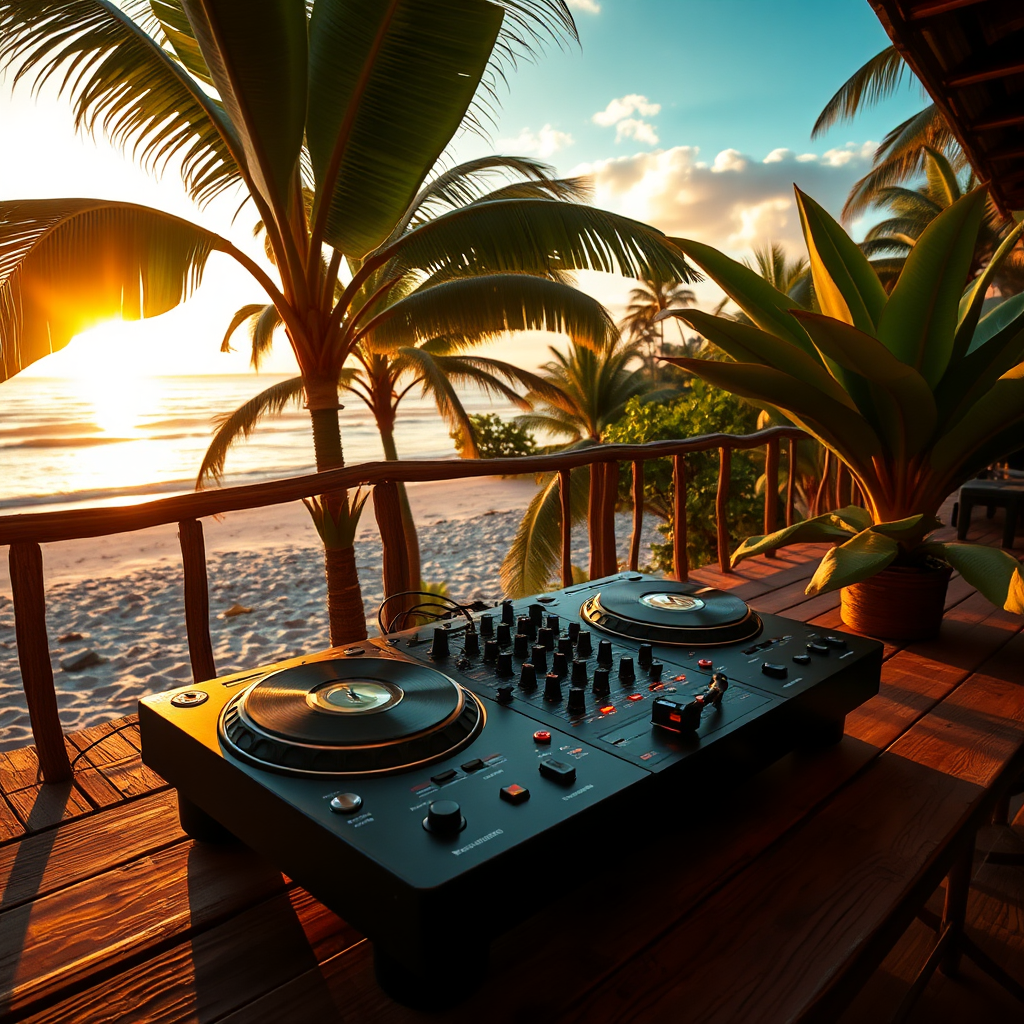 DJ deck setup on a beach at sunset