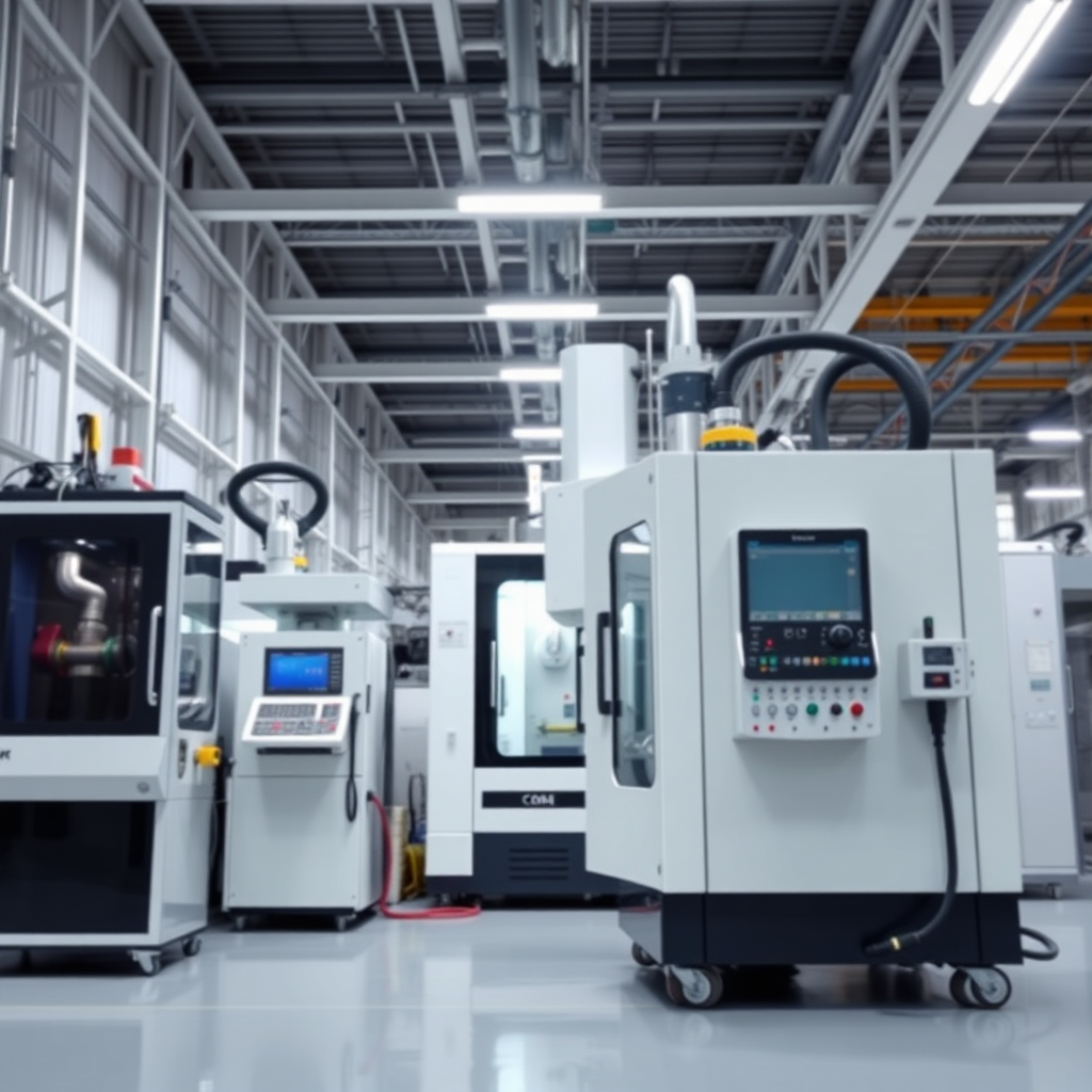 State-of-the-art industrial equipment in a modern factory setting. The lighting should be bright and focused, highlighting the equipment's functionality. Color palette should be professional and clean, reflecting efficiency and innovation. The camera angle is a medium shot, focusing on the equipment's details. The environment should be a clean and organized factory.