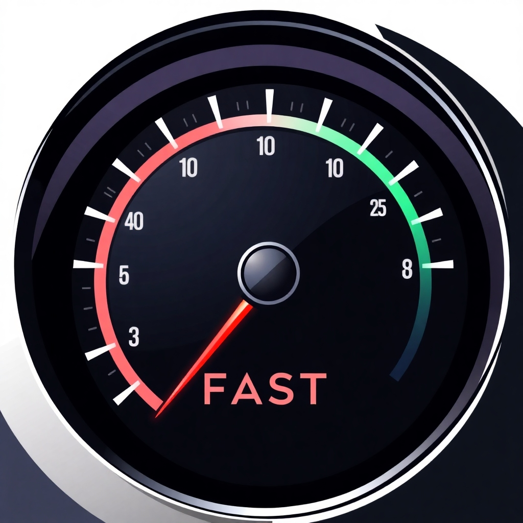 Stylized image of a speedometer with the needle in the fast zone, emphasizing speed. High resolution.