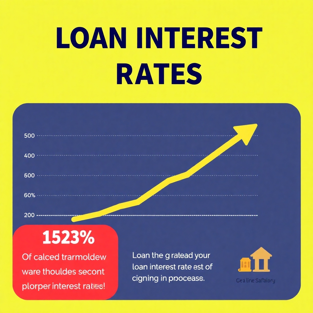 Stylized infographic displaying a graph with an upward trend, representing loan interest rates decreasing over time. Use clean, professional fonts and colors.  High-resolution image.