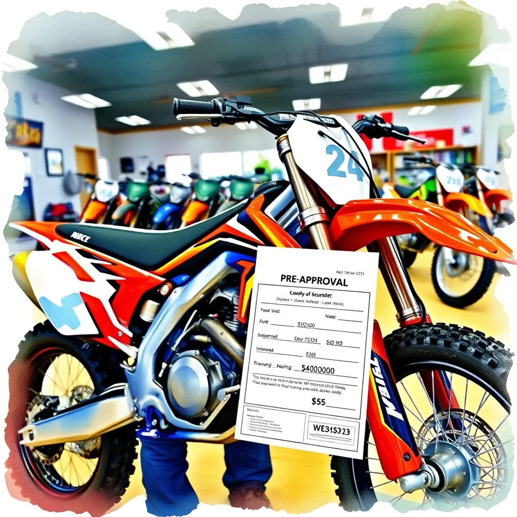 A person standing next to a gleaming dirt bike with a pre-approval document in their hand. The document displays a loan amount and interest rate, and the background image is a dirt bike dealership with other bikes on display.