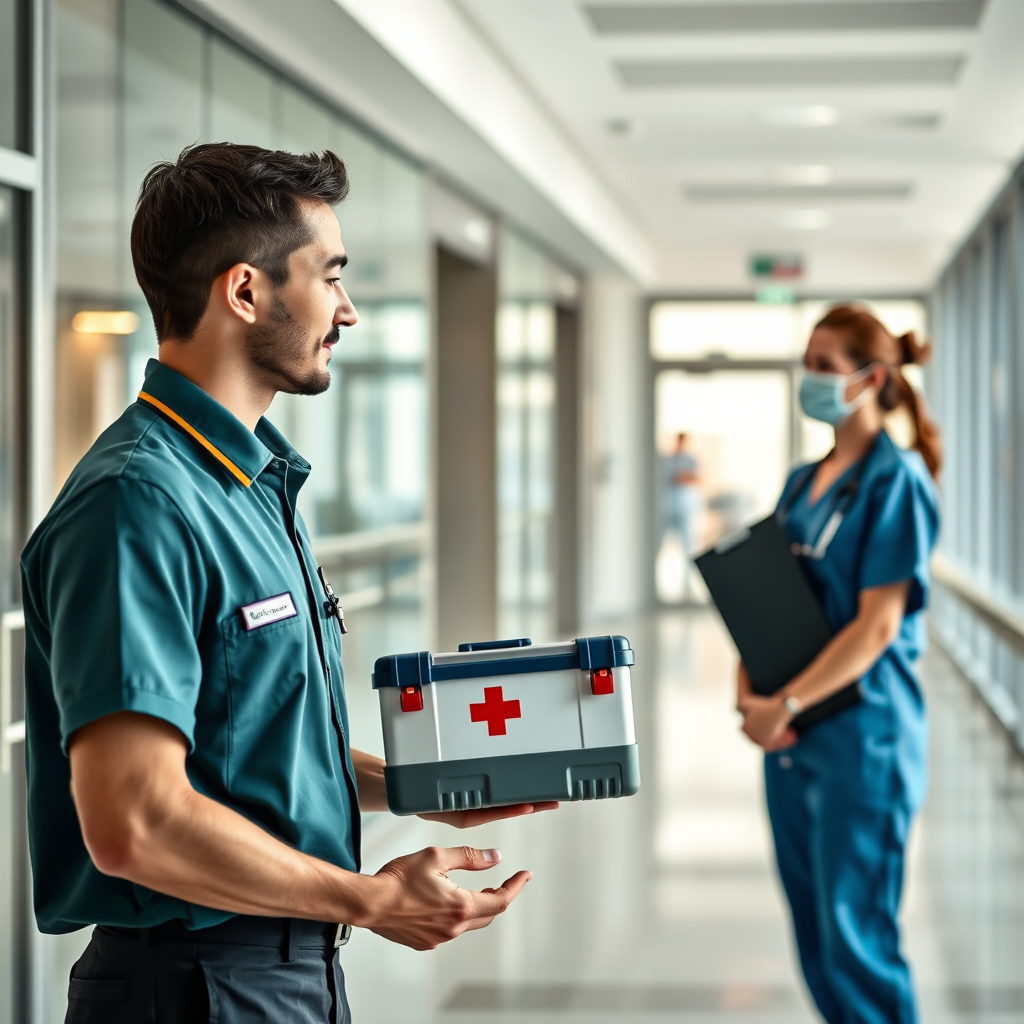 A professional medical courier is handing a secured transport container to a healthcare worker in a modern hospital setting. A modern white medical courier van parked outside a contemporary clinic or laboratory building.
