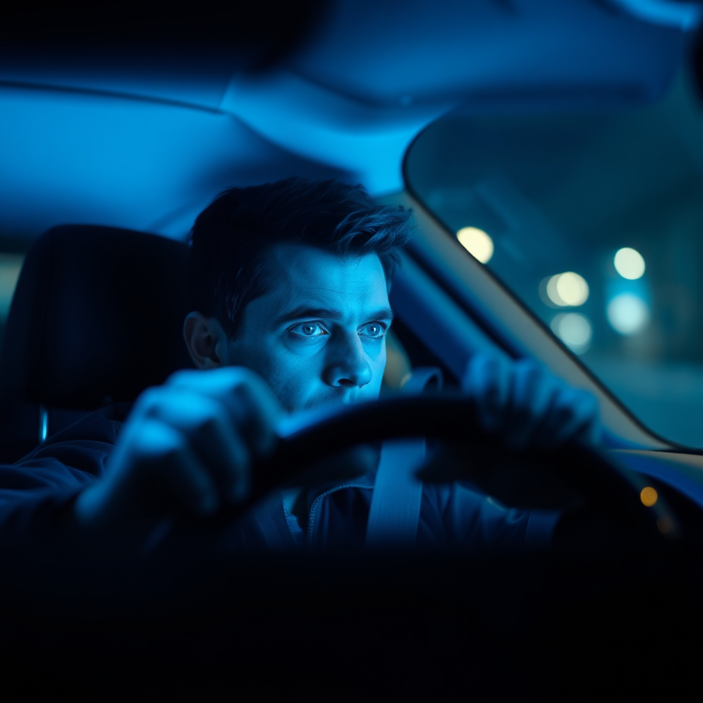 Driver staring nervously straight ahead