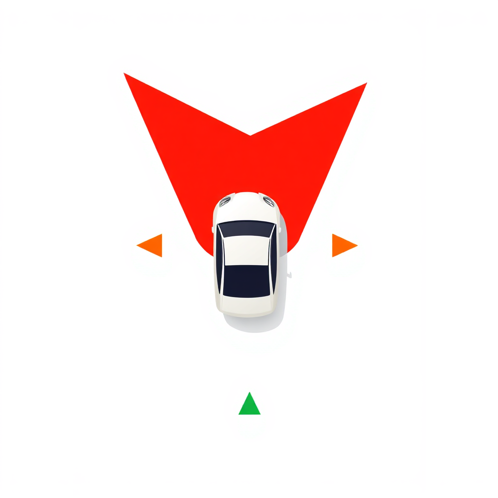 Top-down diagram of a T-junction showing sight lines, blind spots marked in red, and safe zones in green
