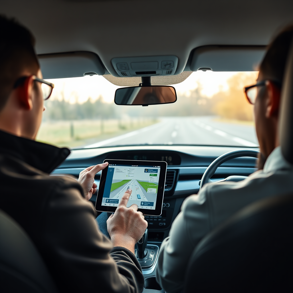 Instructor teaching a student in a car showing ipad diagram