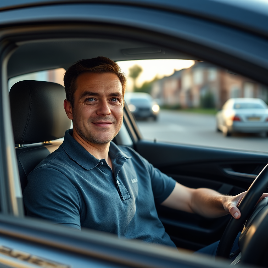 Professional UK driving instructor in a dual-control car smiling