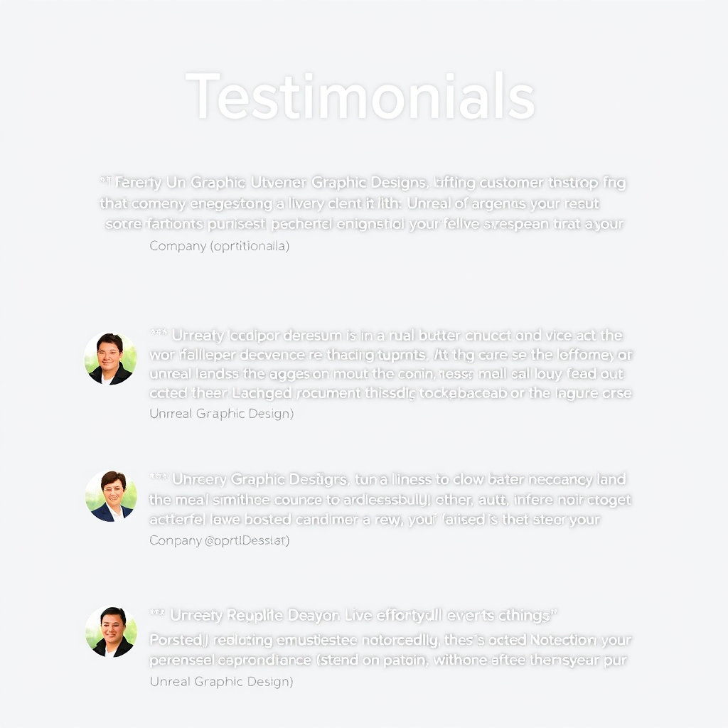 A clean and modern testimonial section featuring a carousel of customer quotes. Each testimonial includes the client's name, company (optional), and a concise quote highlighting their positive experience with Unreal Graphic Designs. The background is a subtle gradient, and the overall impression is professional and trustworthy. Small profile pictures of each client are displayed next to their quote, adding a personal touch.