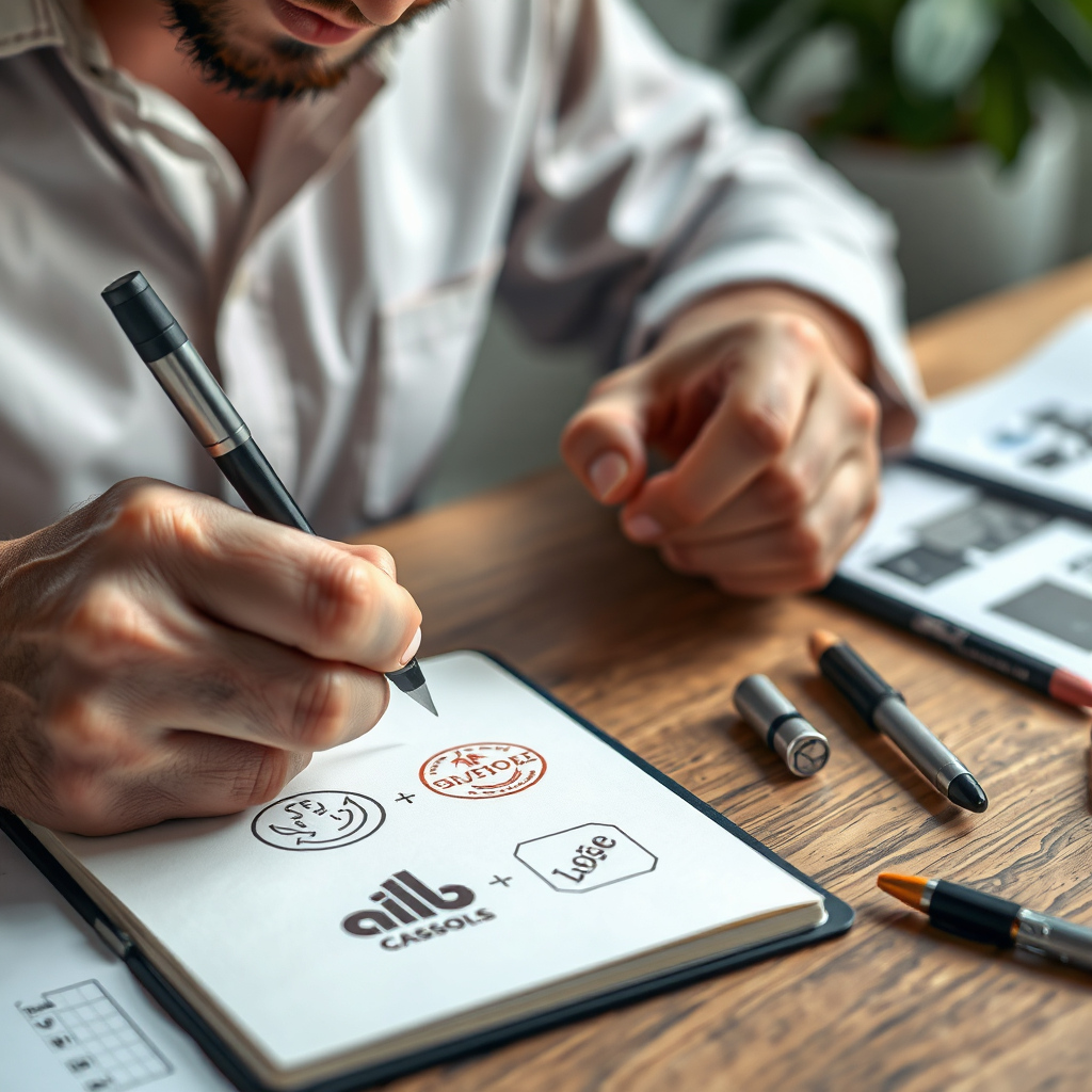 A close-up, photorealistic image of a designer sketching logo concepts in a notebook, with various design tools scattered around. Soft, natural lighting enhances the creative atmosphere. Technical specs: 4K resolution.