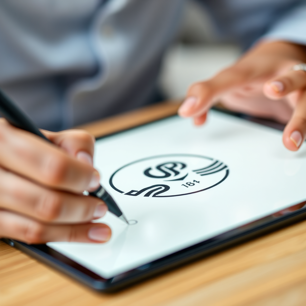 A close-up shot of a designer meticulously working on a logo design using a digital pen and tablet. The focus is on the designer's hands and the intricate details of the design. The background is blurred, creating a sense of focus and emphasizing the dedication to quality. The overall impression is professional and conveys a commitment to craftsmanship and precision.