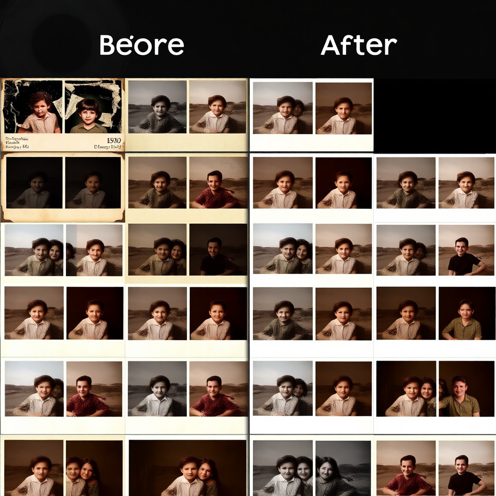 A gallery of before-and-after photo restorations. Each entry features a split-screen comparison, with the original damaged photo on one side and the restored version on the other. The images are displayed in a grid layout, allowing visitors to easily browse through the collection and appreciate the dramatic improvements achieved through professional restoration. The background is a subtle texture, and the overall impression is nostalgic and showcases the power of preserving memories.