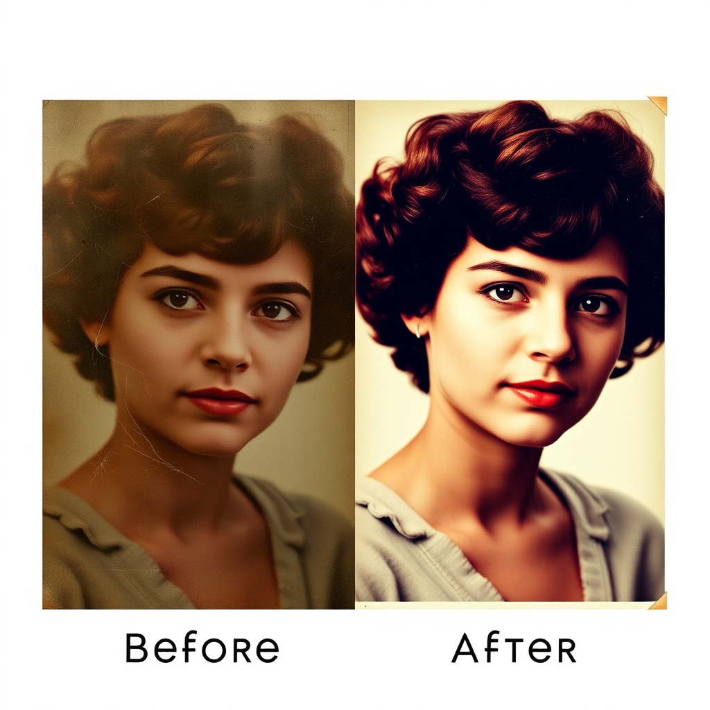 A split-screen showcasing a before-and-after photo restoration. On the left, a faded, damaged photograph with scratches and discoloration. On the right, the same photograph meticulously restored to its original clarity and vibrancy. The background is a soft, neutral color, highlighting the dramatic improvement achieved through professional photo restoration. The overall feel is nostalgic and showcases the power of preserving memories through skilled artistry.