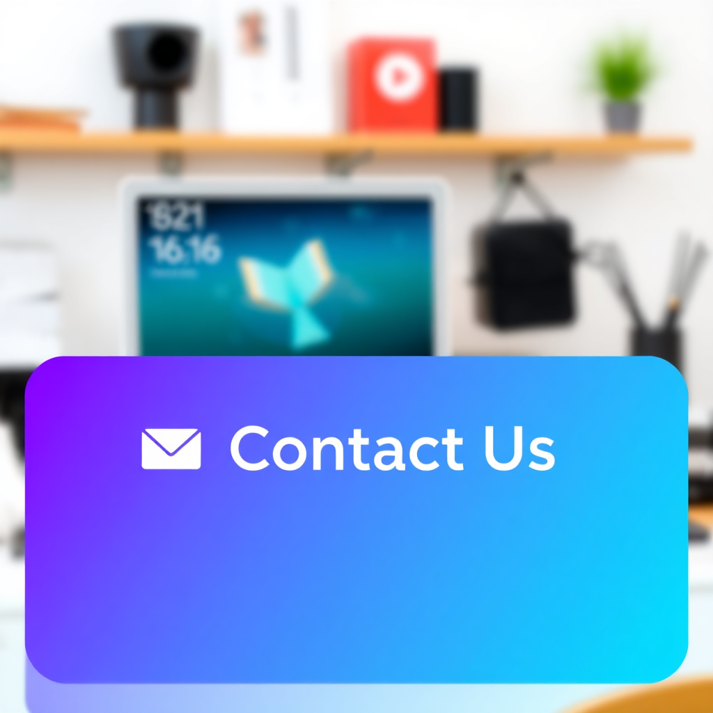 A vibrant 'Contact Us' button in the header of a website. The button features a gradient from bright blue to a deep purple, with a subtle hover effect that makes it slightly larger and more prominent. A small envelope icon is placed to the left of the text. The overall design is clean and inviting, encouraging users to click and initiate communication. The background is a blurred image of a designer's workspace.