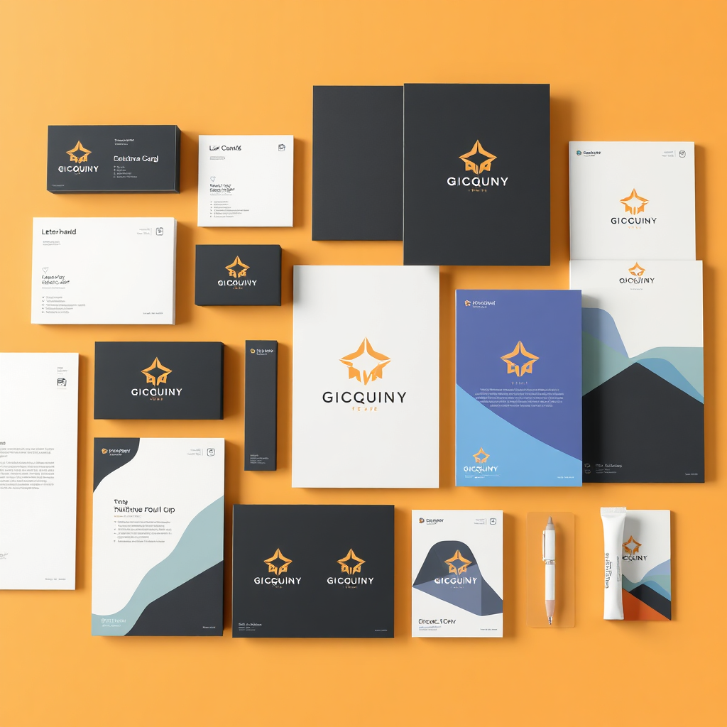A visually appealing arrangement of various branded materials, including business cards, letterheads, and social media templates, all featuring a consistent brand identity. Technical specs: 4K resolution.